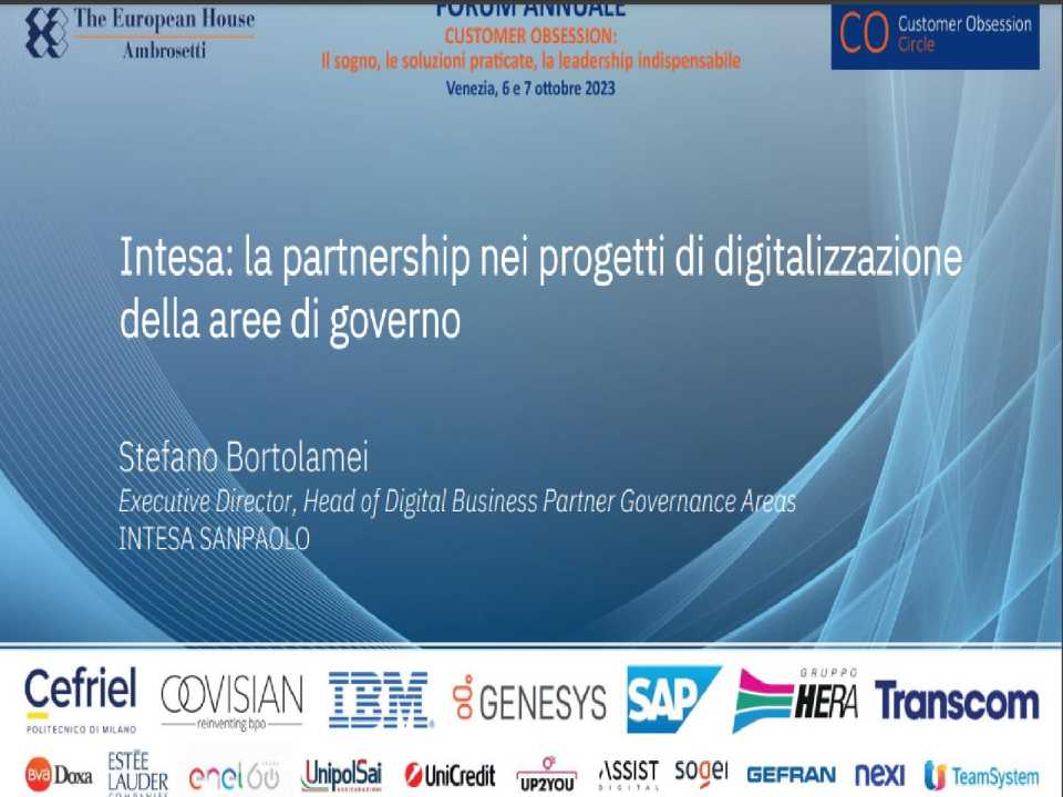 1^ FORUM ANNUALE
Customer Obsession:
il sogno, le soluzioni praticate, la leadership indispensabile
Cultura, Progettazione, Misura e Miglioramento: un'Agenda per il Futuro