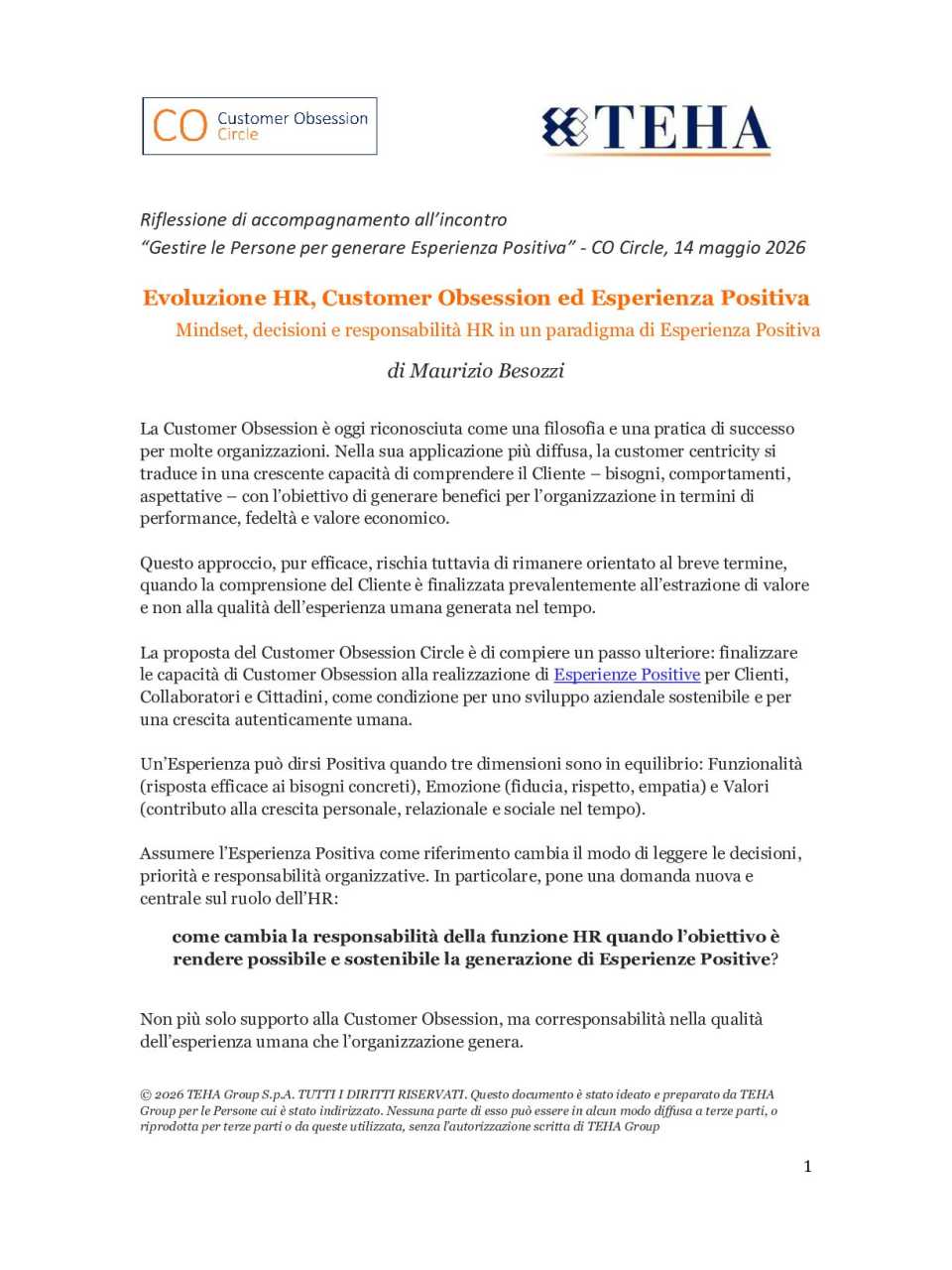 Evoluzione HR, Customer Obsession ed Esperienza Positiva