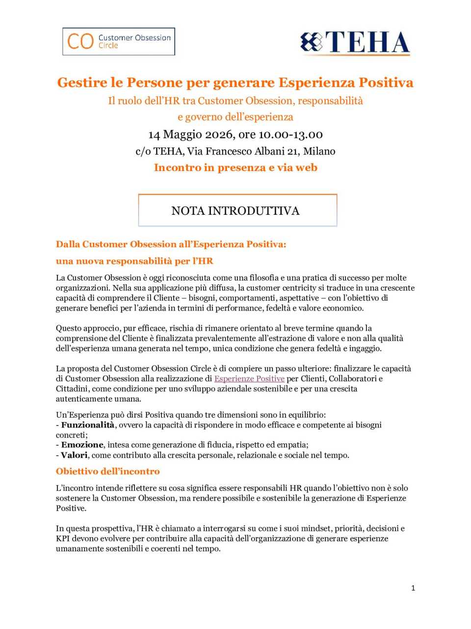 Nota introduttiva: Gestire le Persone per generare Esperienza Positiva