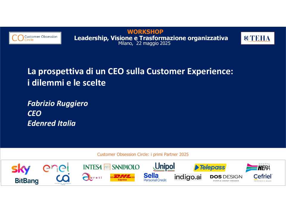 Workshop
Customer Obsession:
Leadership, Visione e Trasformazione organizzativa
(in presenza e web)